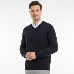 QI New York Navy Blue 100% Cashmere Classic V-Neck Sweater